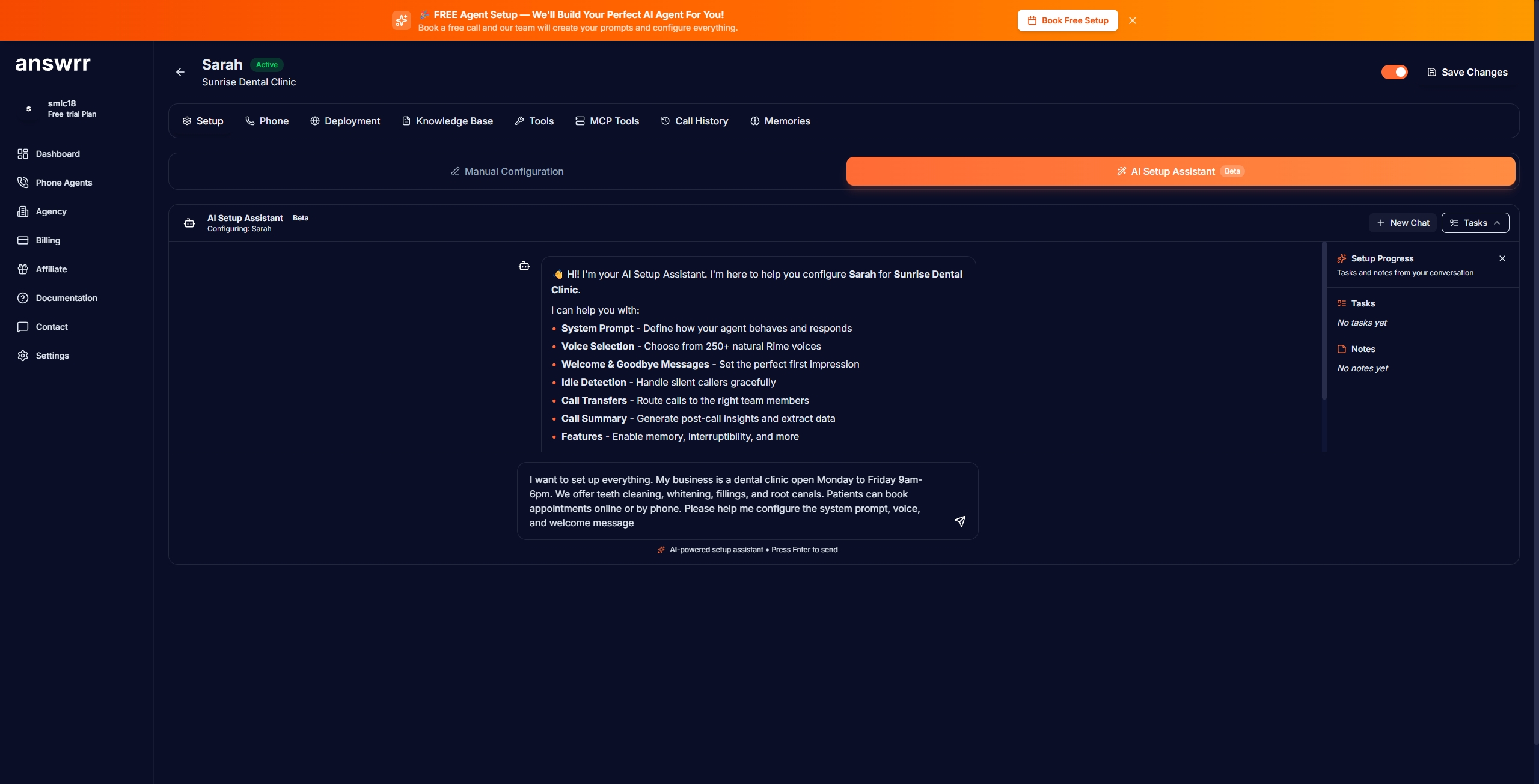 AI Setup Assistant welcome screen showing configuration options