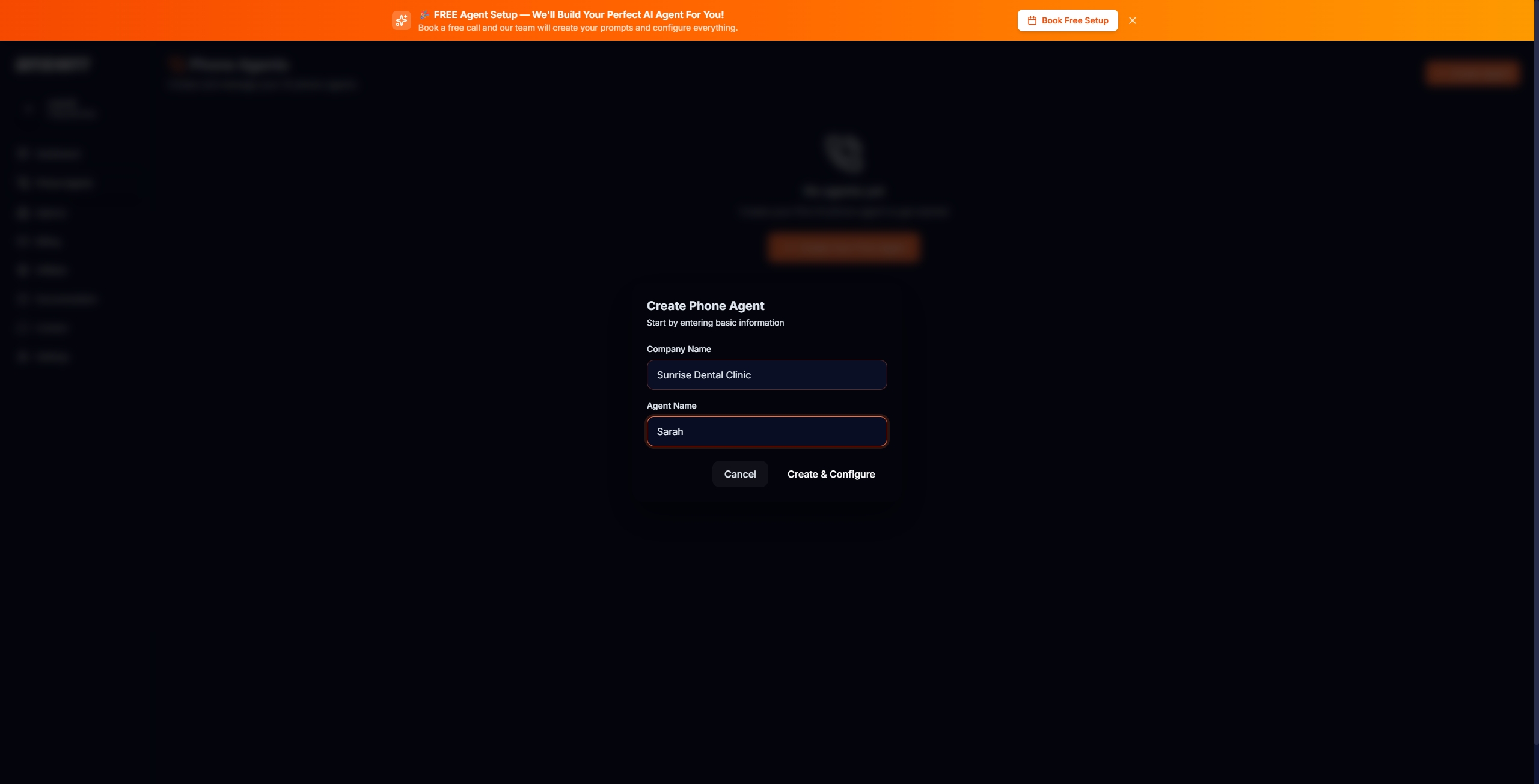 Create Phone Agent dialog with Company Name and Agent Name fields