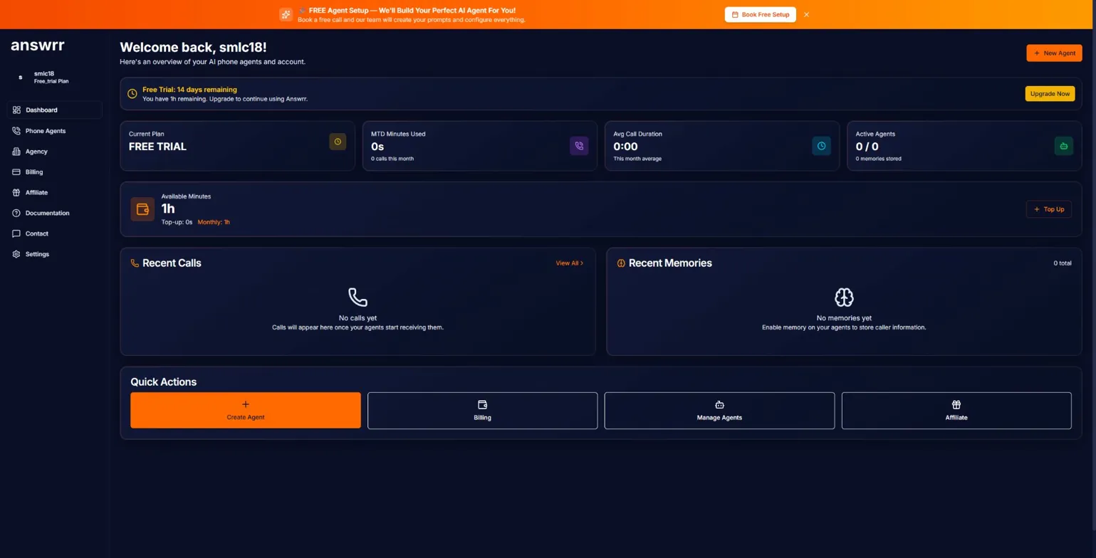 Answrr Dashboard showing Free Trial status, 14 days remaining, 1 hour available minutes, and Quick Actions panel