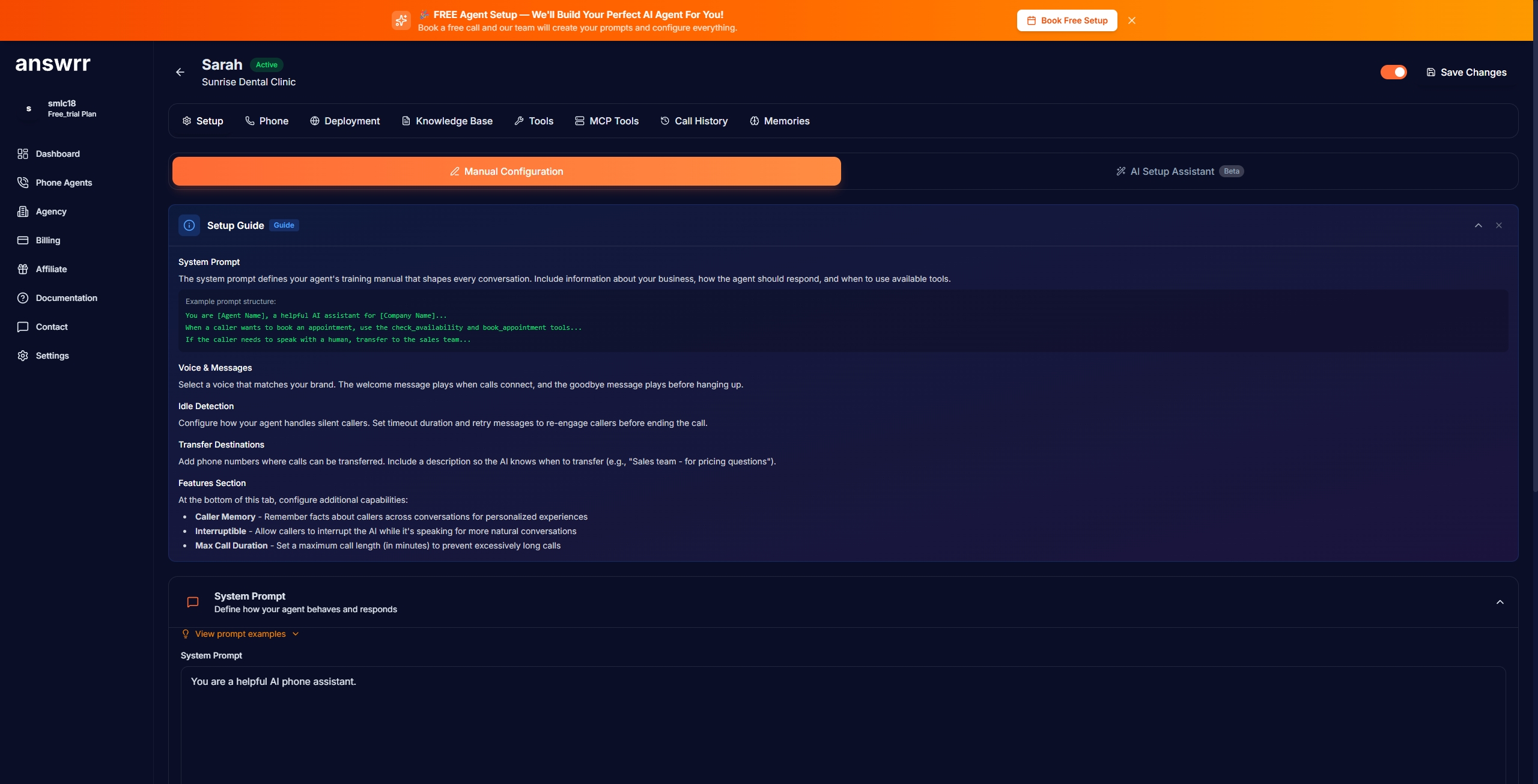 Manual Configuration page showing Setup Guide with System Prompt, Voice and Messages, Idle Detection, and Features sections