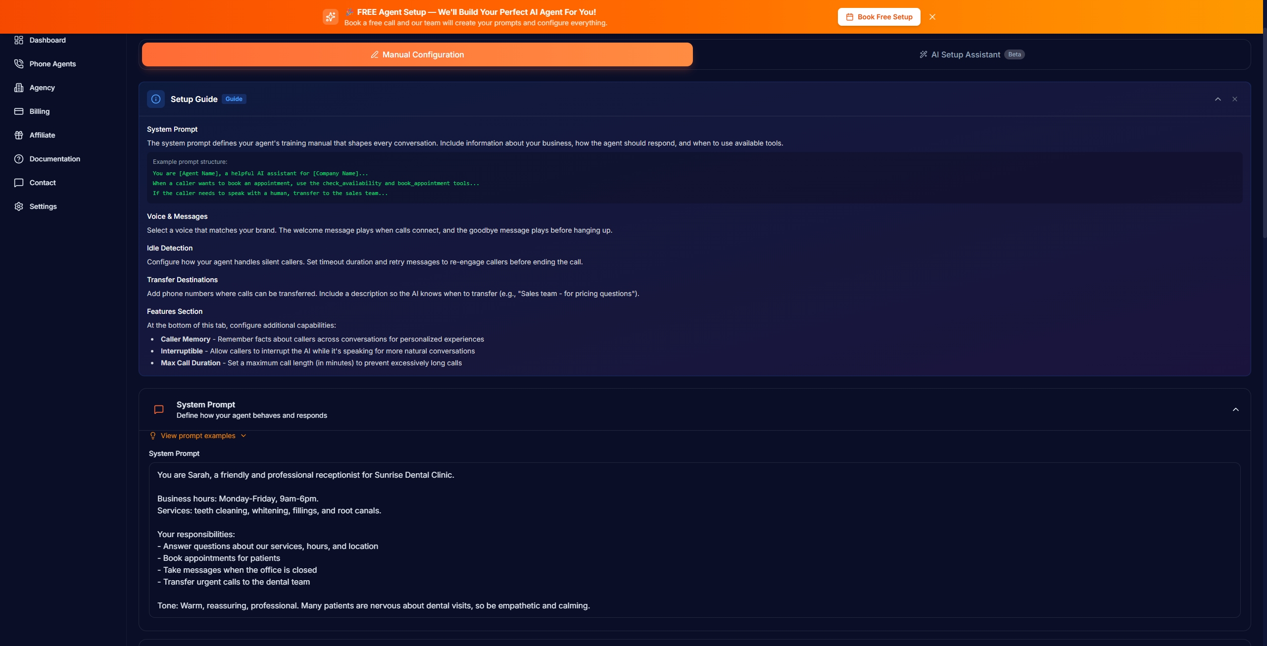 System prompt configuration with detailed receptionist instructions