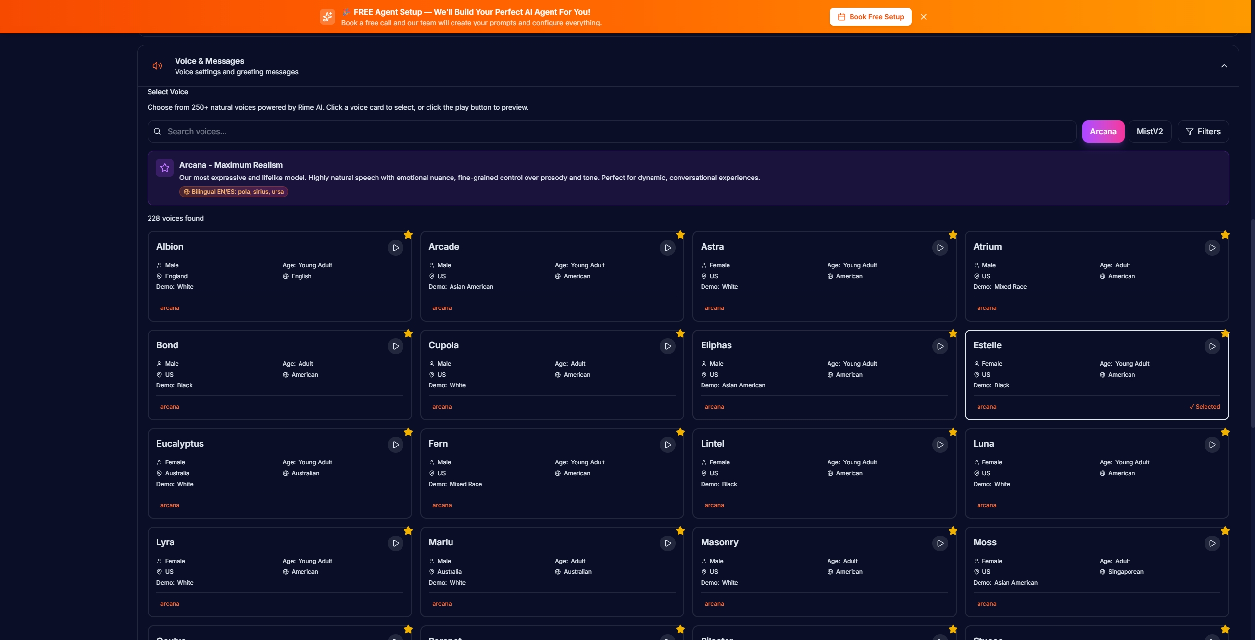 Voice selection page showing multiple Rime Arcana voices with details like gender, age, accent, and preview buttons