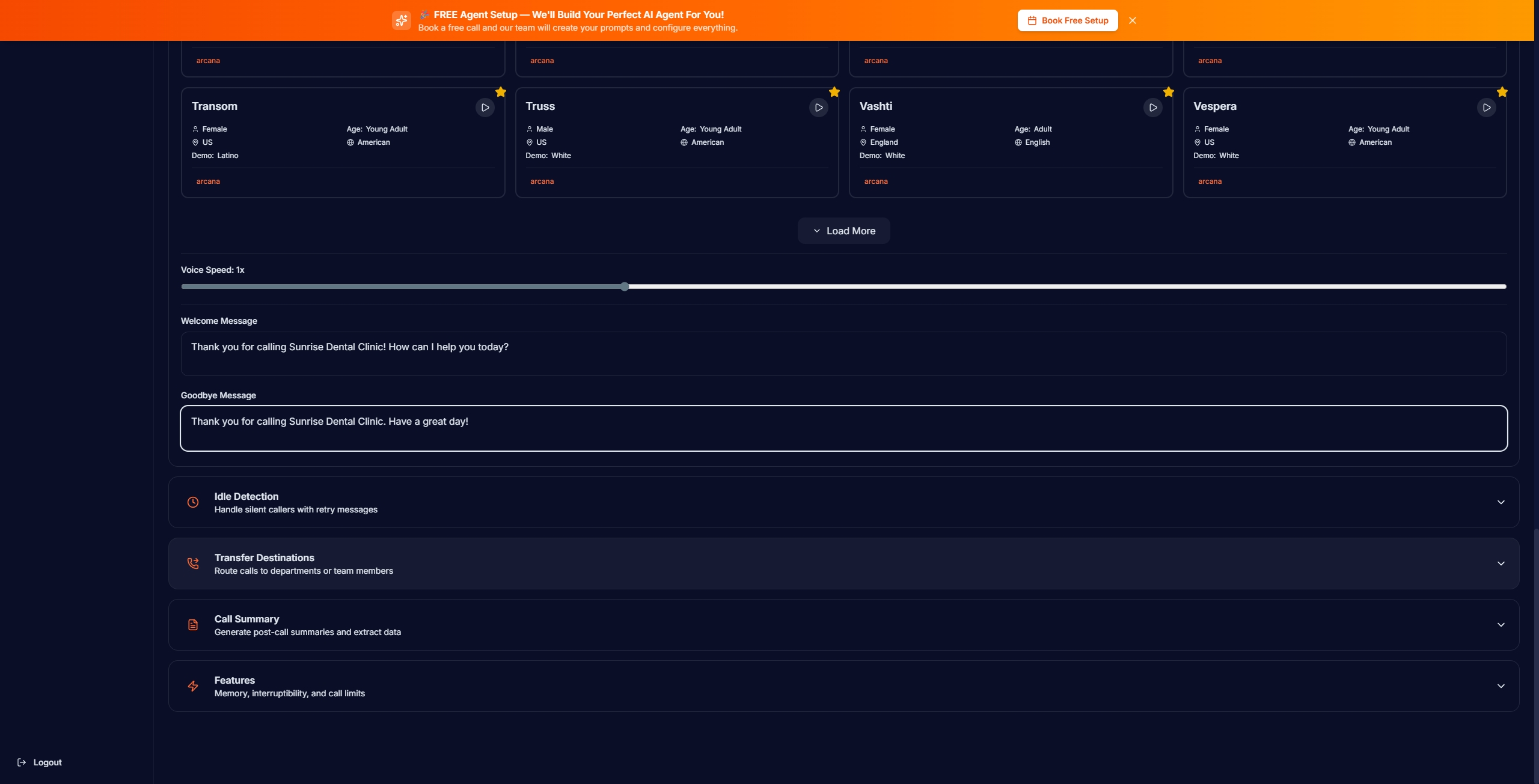 Welcome and goodbye message fields plus Features section showing Caller Memory and Interruptible toggles