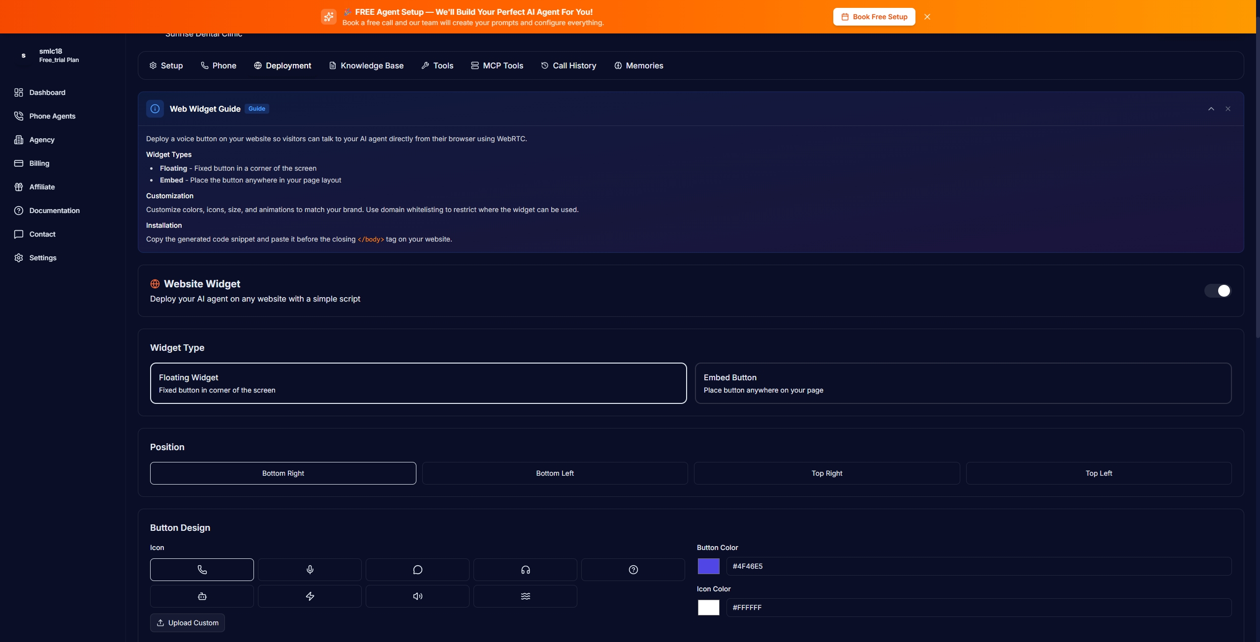 Website widget deployment settings showing widget type, position, button design, and customization options