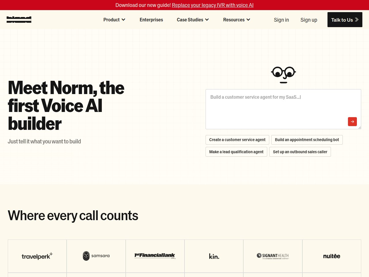 Bland AI phone agent platform - homepage screenshot 2026