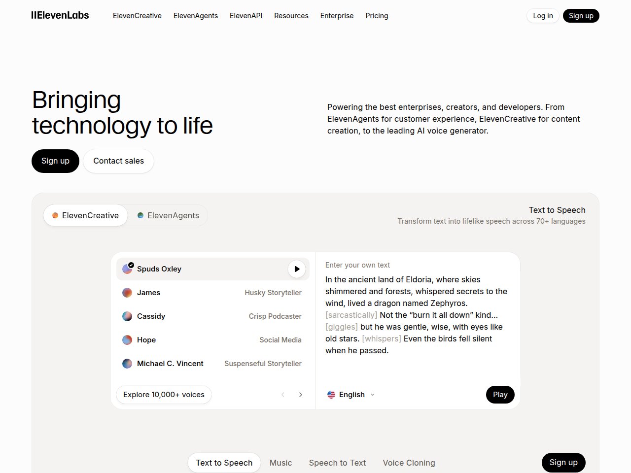 ElevenLabs AI voice generator - homepage screenshot 2026