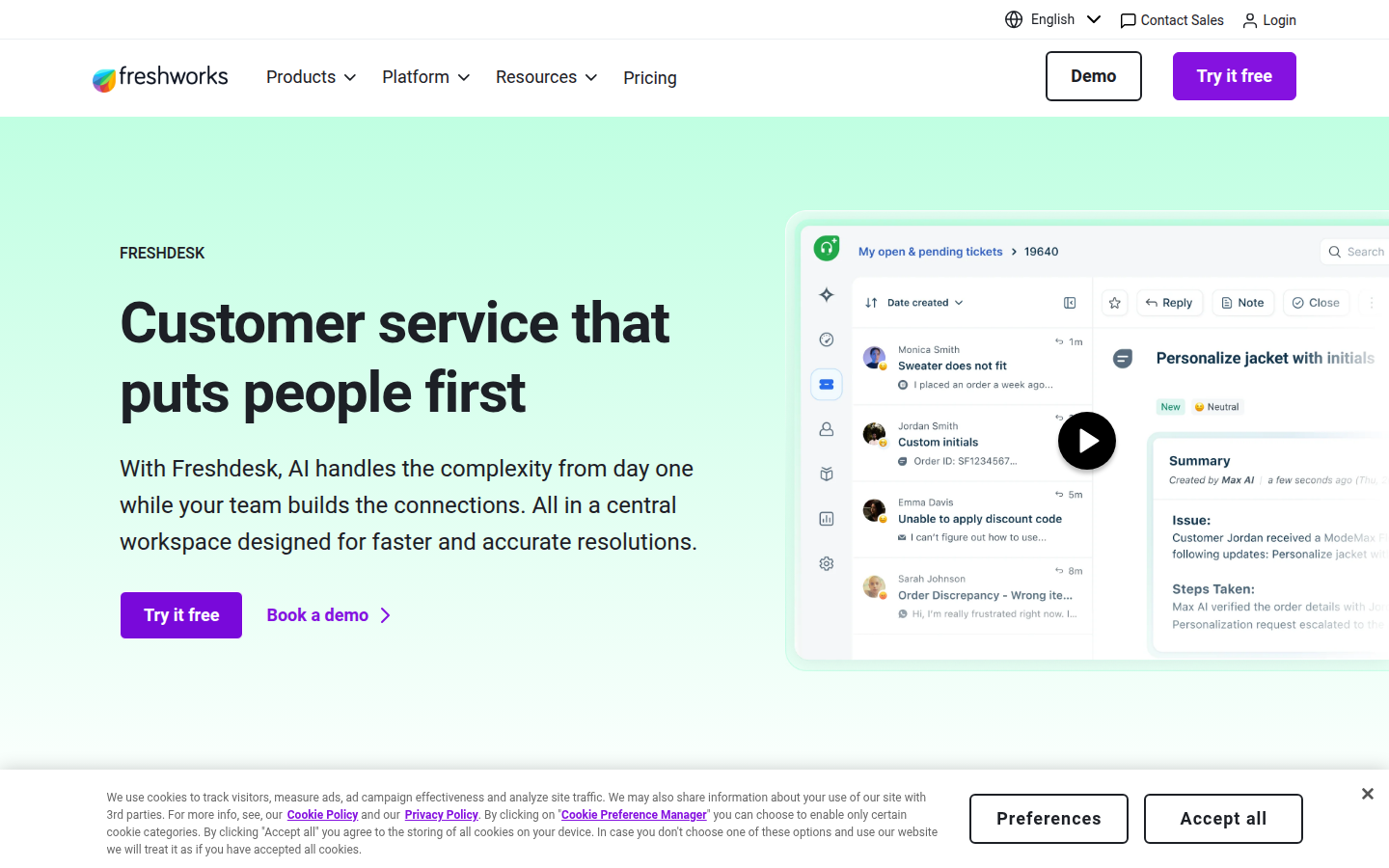 Freshdesk dashboard with Freddy AI