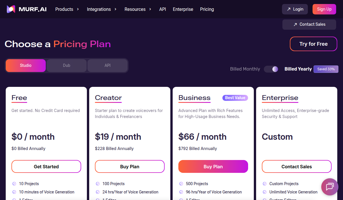 Murf AI pricing page showing Free, Creator, Business, and Enterprise plans