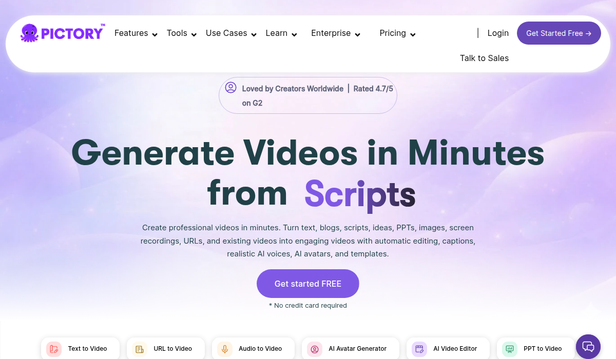 Pictory AI homepage - Generate Videos in Minutes from Scripts, founded by CEO Vikram Chalana