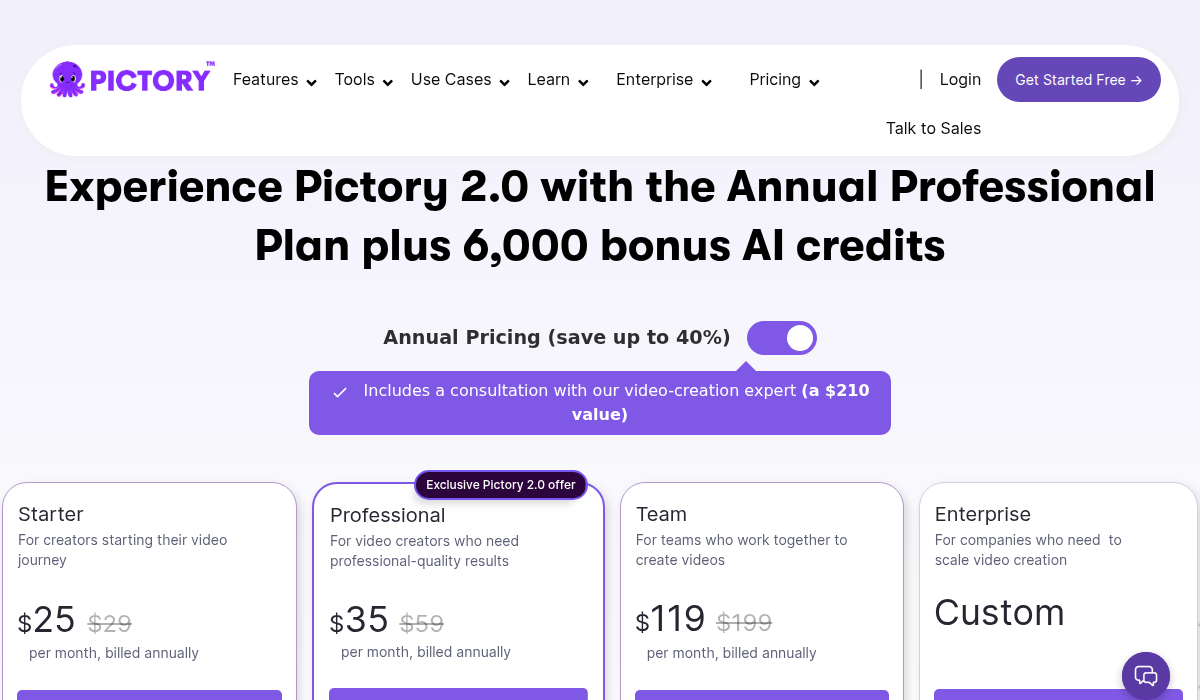 Pictory AI pricing page showing Starter, Professional, and Teams plans