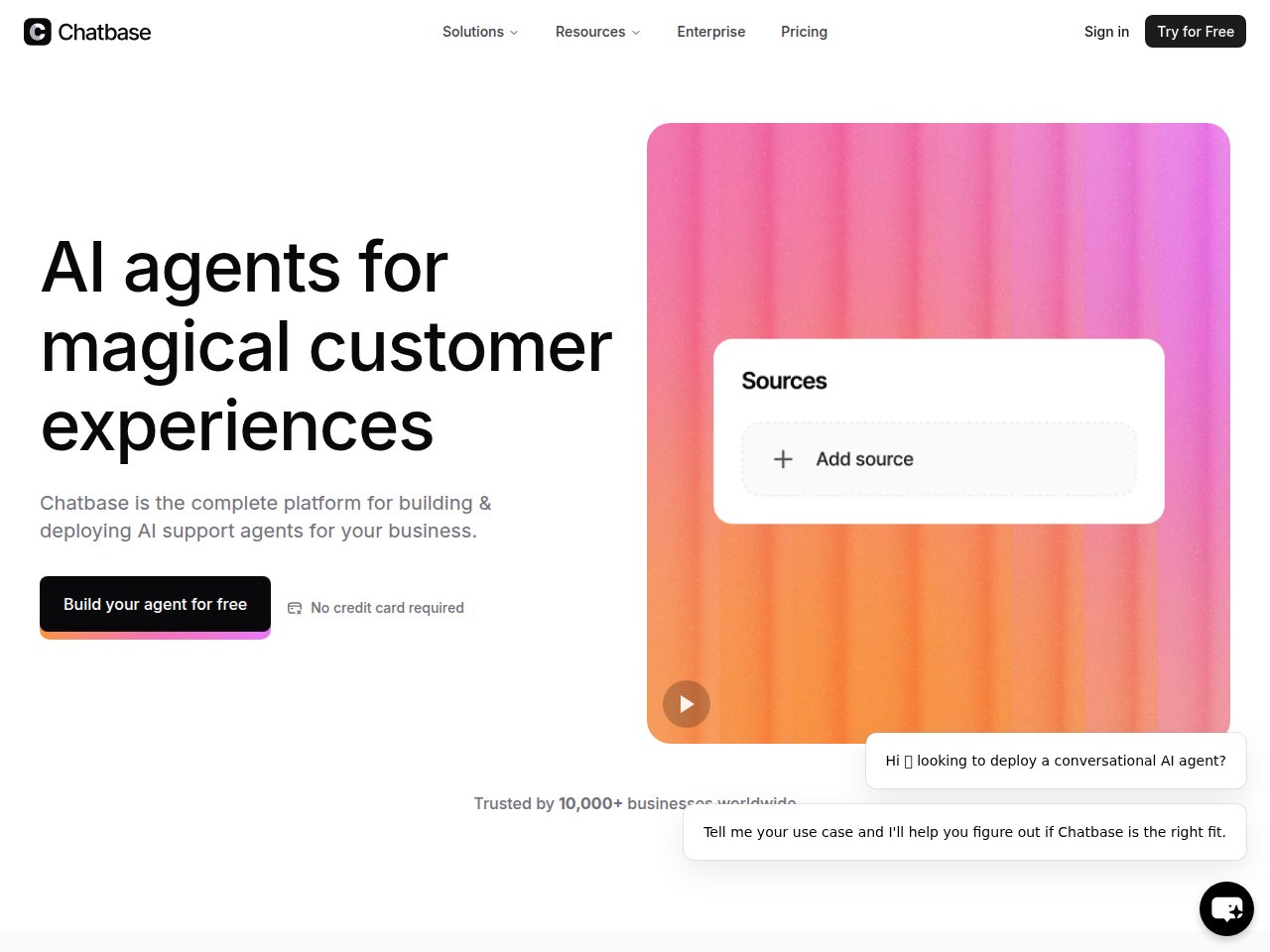 Chatbase homepage showing custom AI chatbot builder with training data upload interface