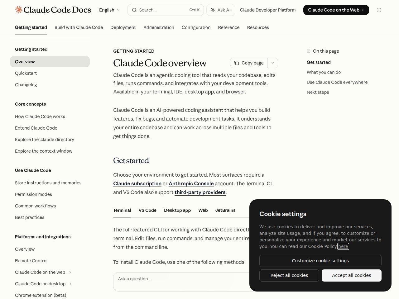 Claude Code product page showing terminal-native AI coding agent with agentic workflow features
