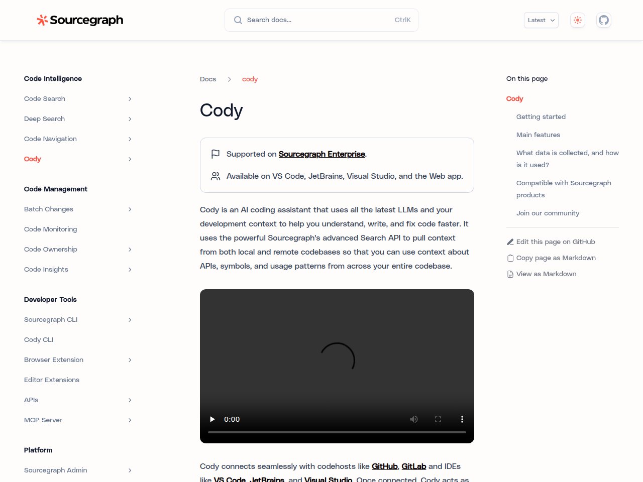 Sourcegraph Cody homepage showing AI code assistant with deep codebase understanding and search