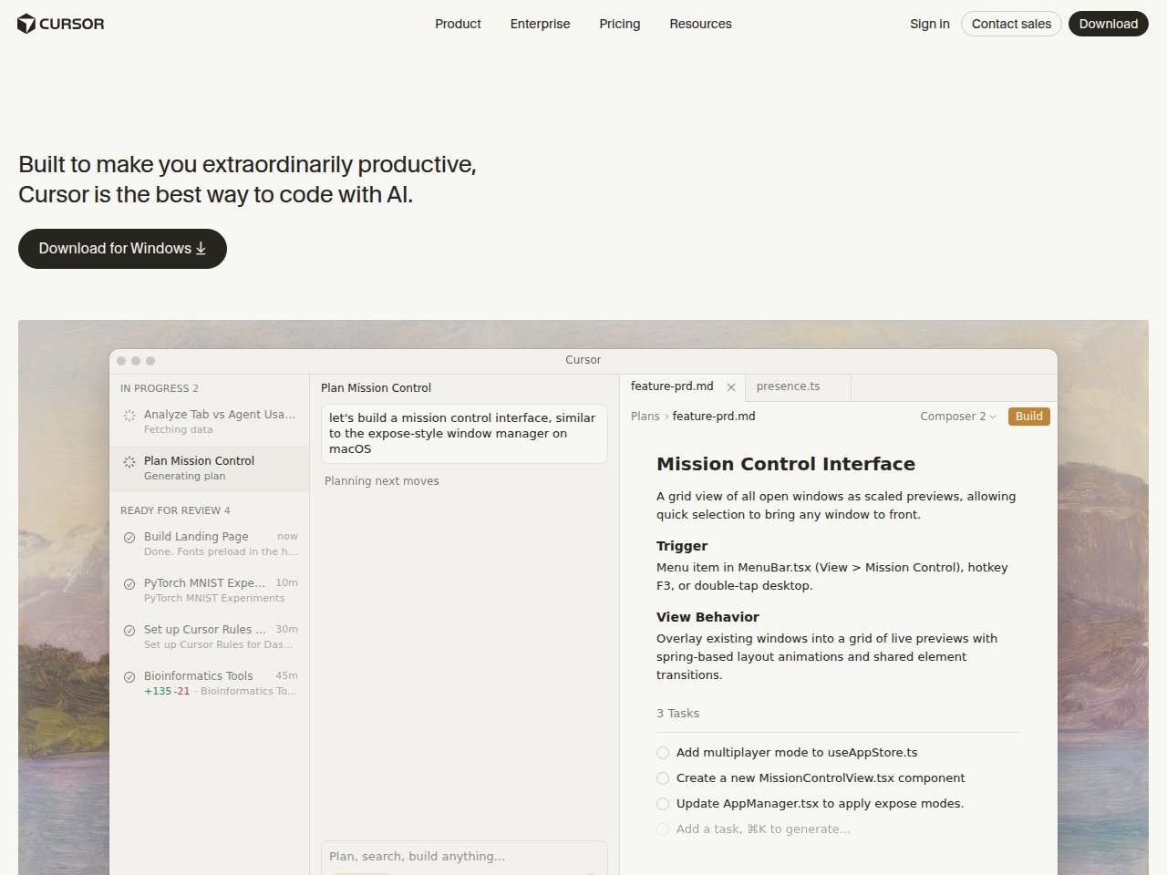 Cursor AI IDE homepage showing the AI-native code editor with Supermaven autocomplete and Cascade agent