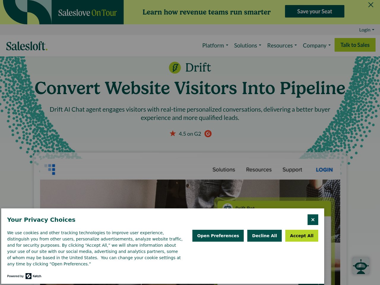 Drift by Salesloft homepage showing AI-powered conversational sales and lead qualification platform