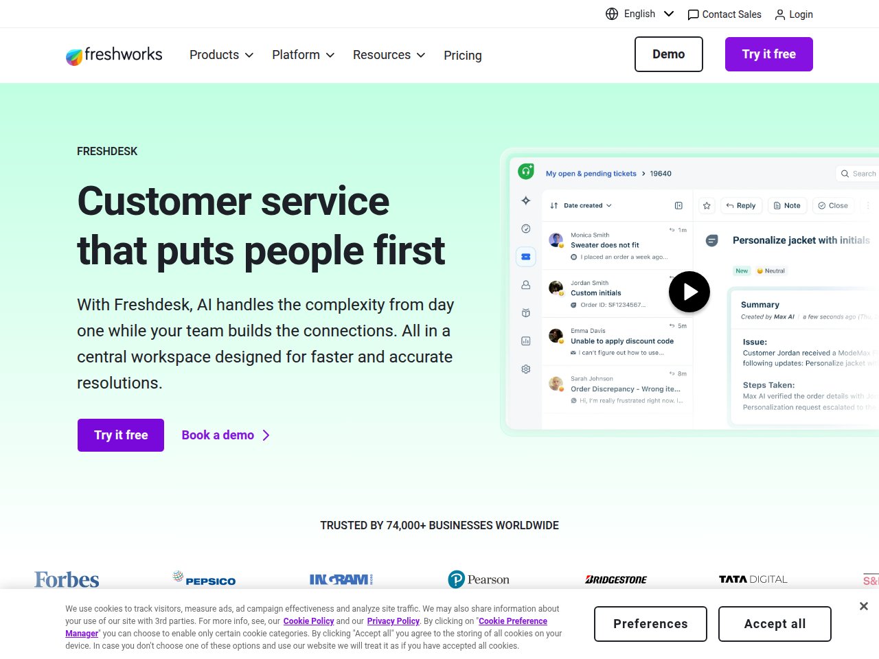 Freshdesk homepage showing Freddy AI customer service platform with ticketing system