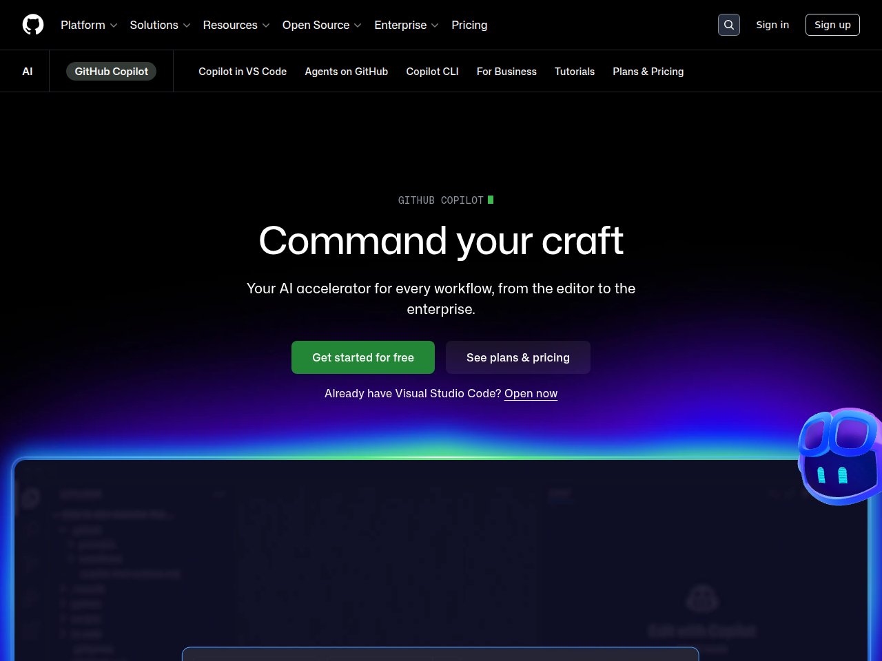 GitHub Copilot product page showing AI pair programmer with code completion and chat features
