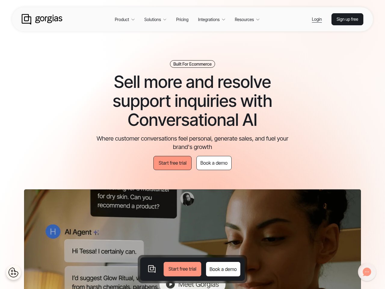 Gorgias homepage showing e-commerce customer support platform with Shopify integration