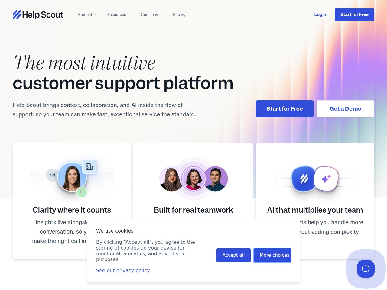 Help Scout homepage showing AI Answers and simple customer service inbox interface