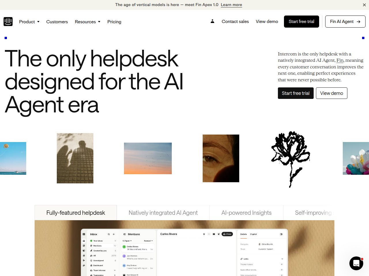 Intercom homepage showing Fin AI agent and customer messaging platform interface