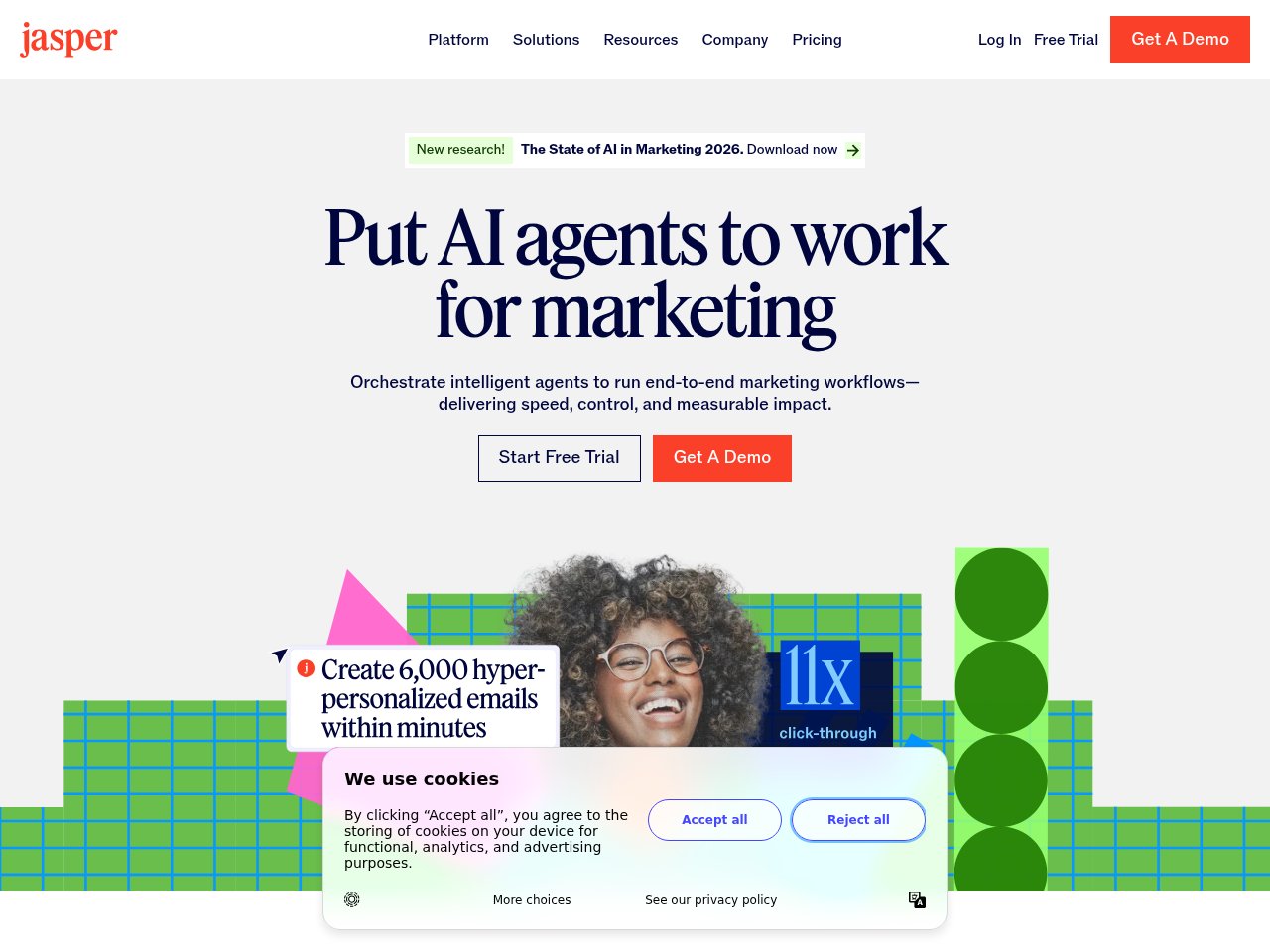 Jasper AI writing platform interface showing the document editor with brand voice settings and campaign tools