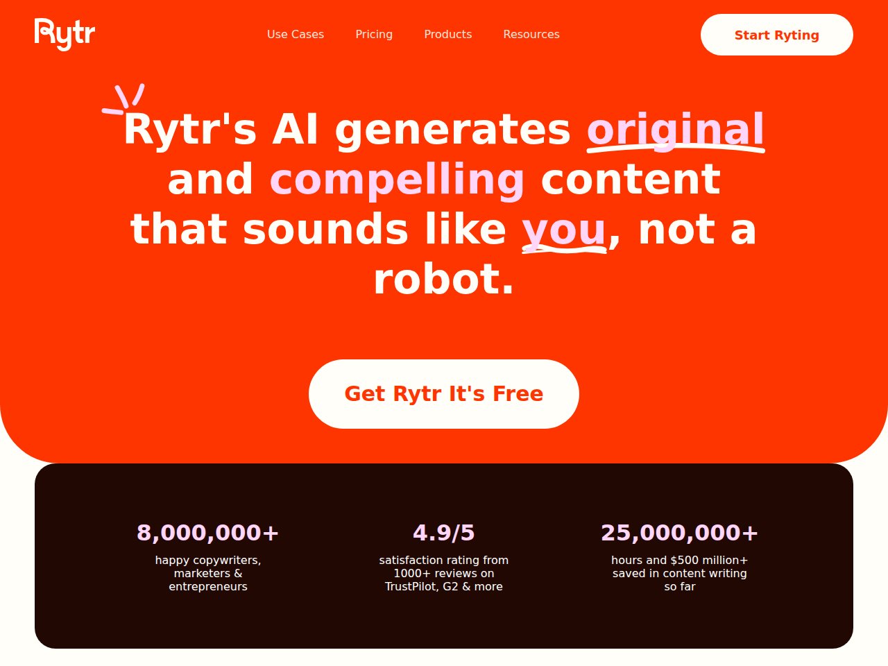 Rytr AI writing assistant interface showing content generation with tone and use case selection
