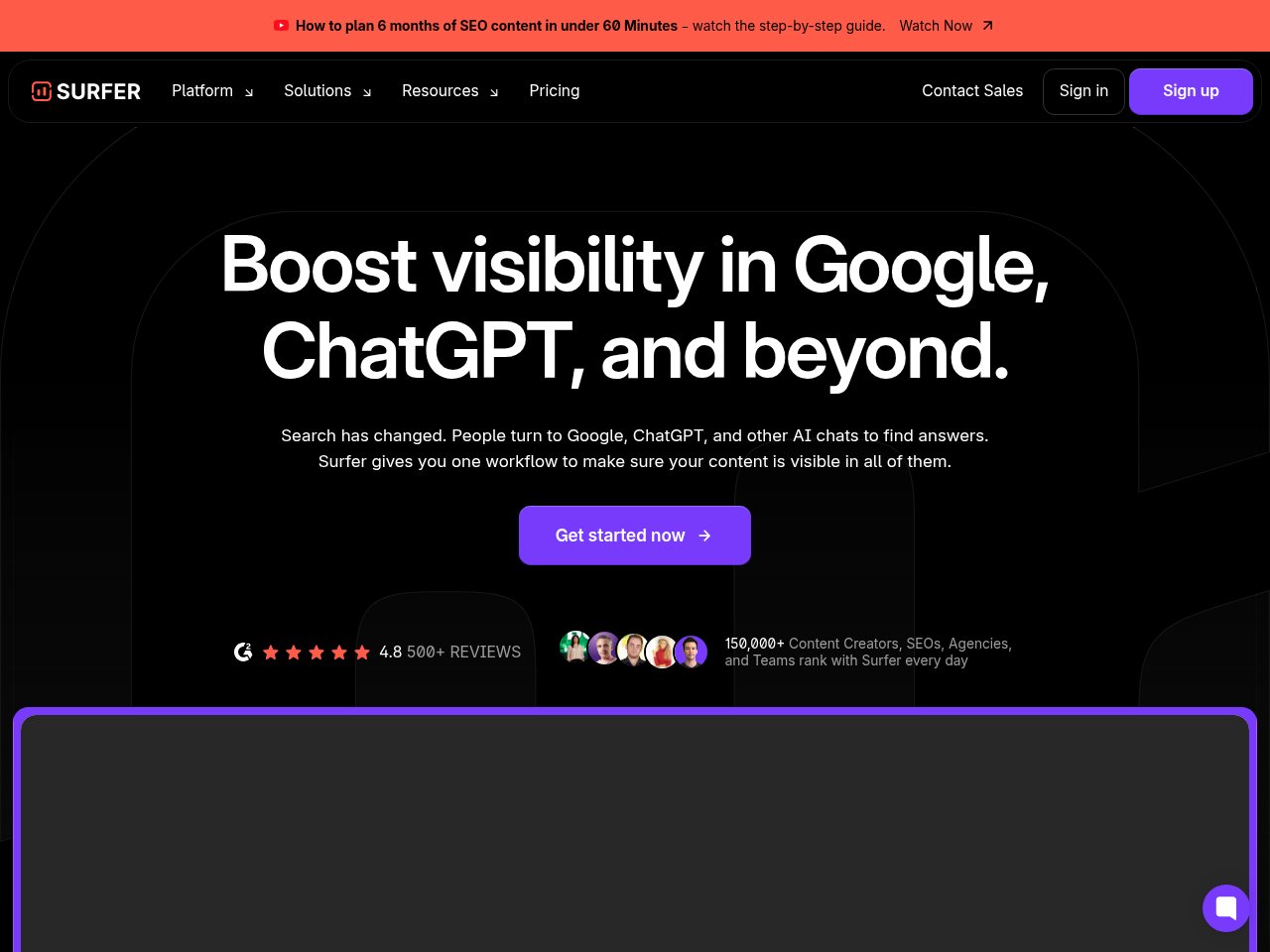 Surfer SEO content editor showing real-time SEO scoring, keyword suggestions, and content structure analysis