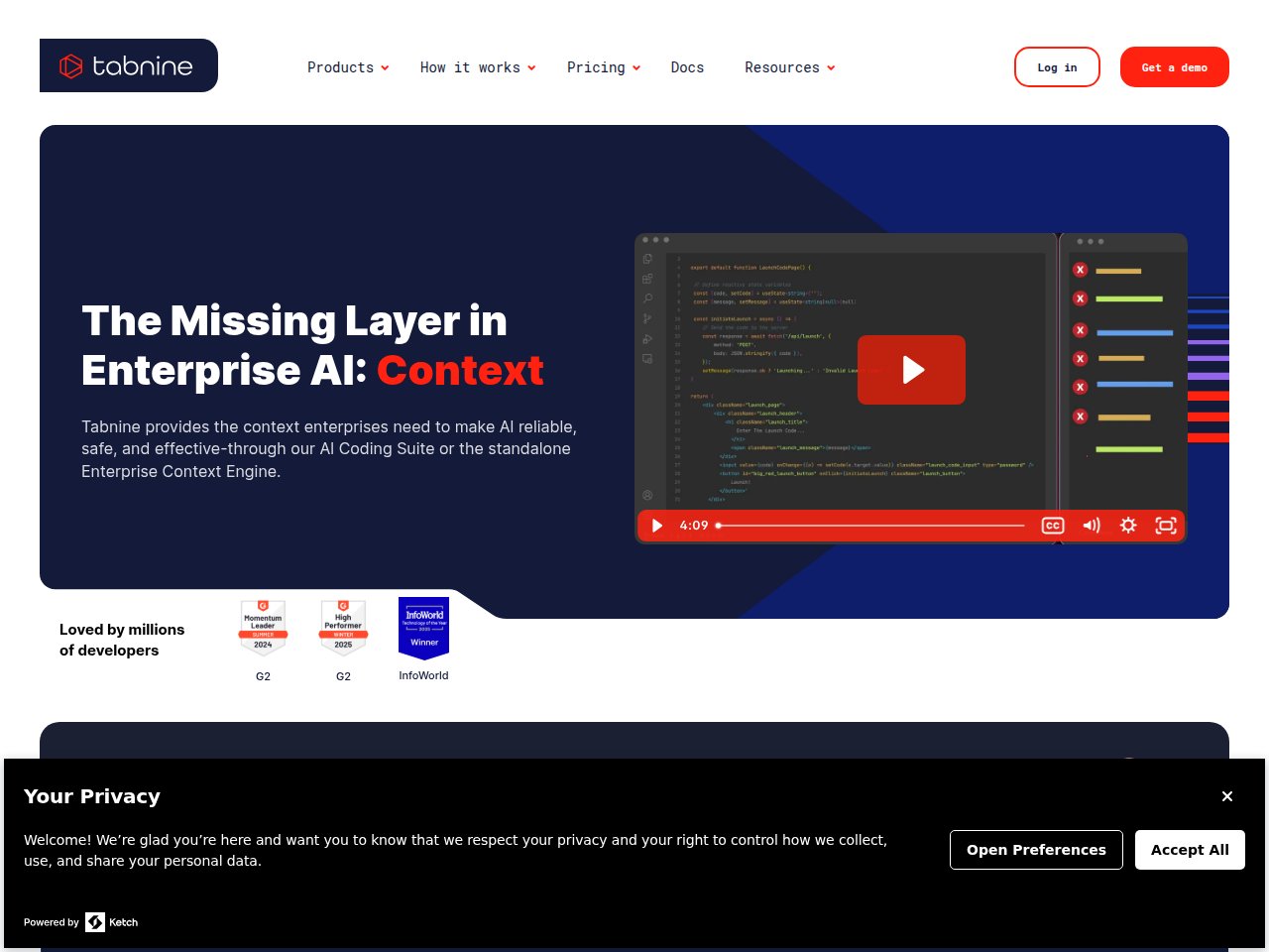 Tabnine homepage showing privacy-first AI coding assistant with enterprise deployment options