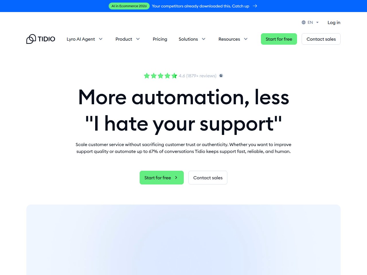 Tidio homepage showing Lyro AI chatbot and live chat customer service platform