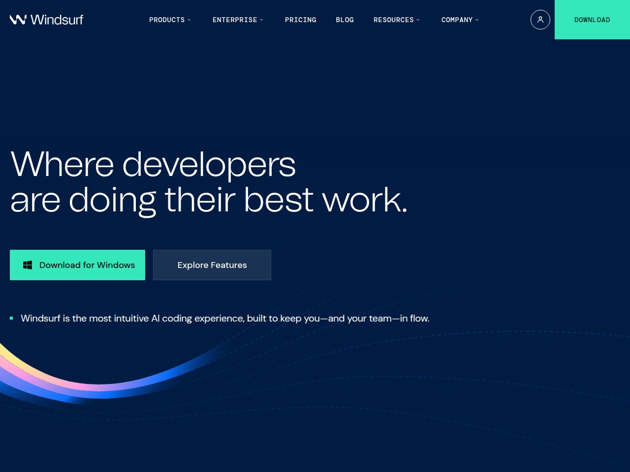 Windsurf AI IDE homepage showing the AI-native code editor with Cascade agent and Tab autocomplete