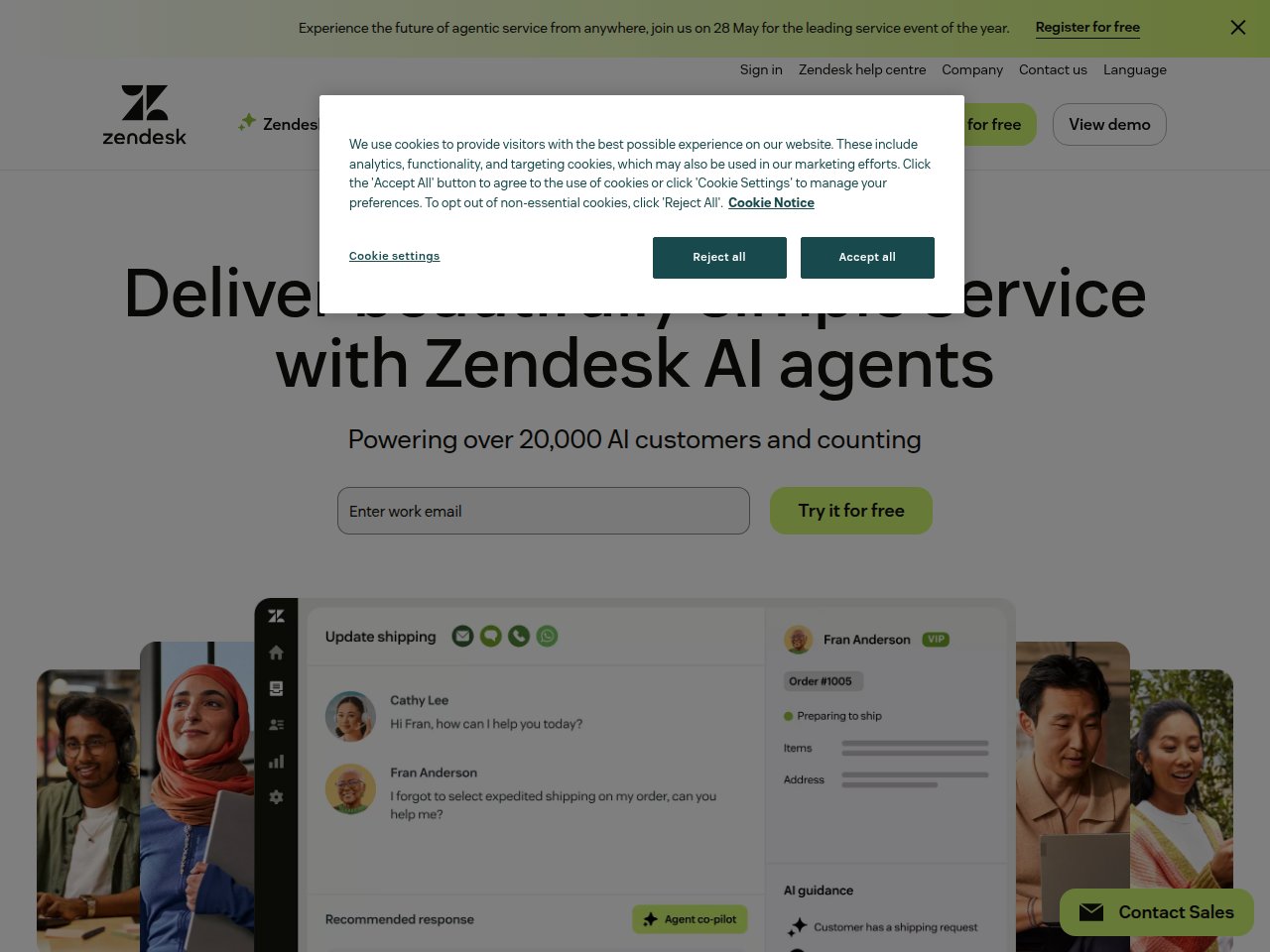 Zendesk homepage showing AI-powered customer service platform with ticket management interface