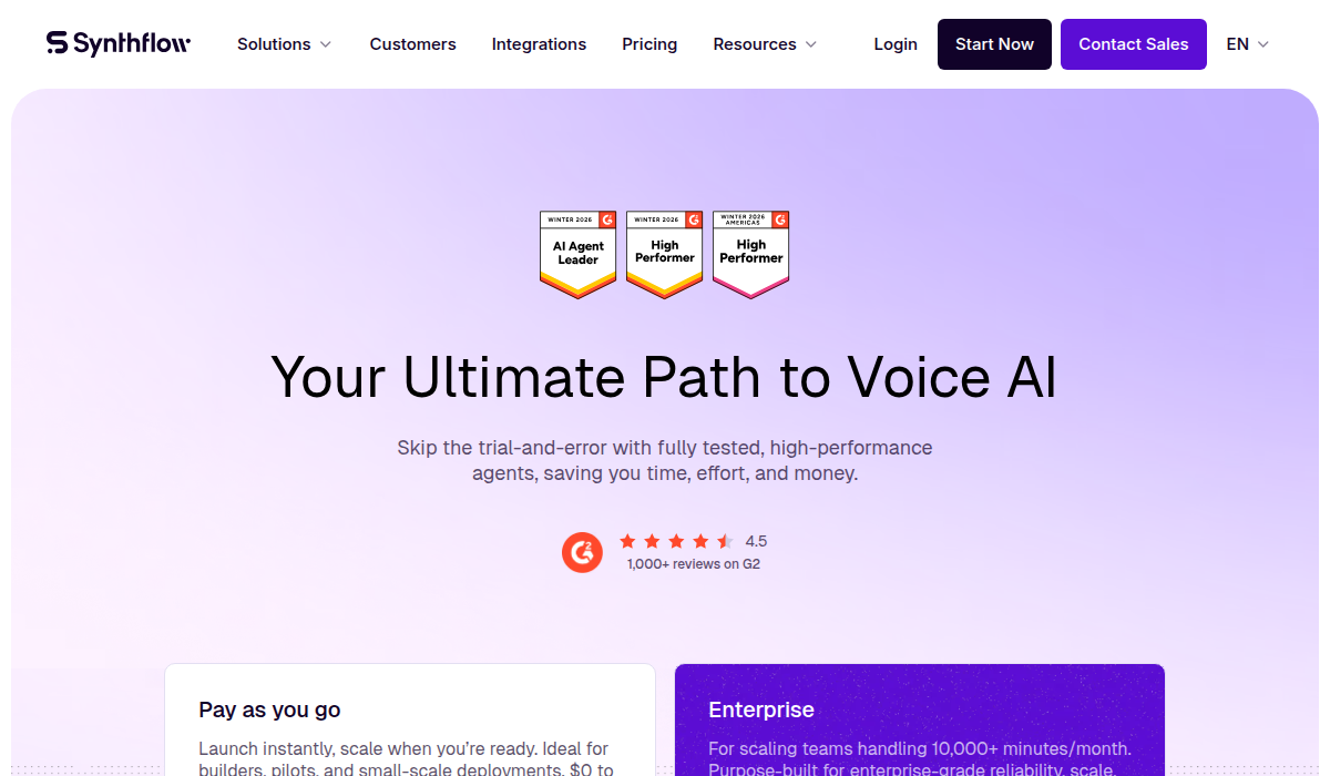 Synthflow AI pricing page showing pay-as-you-go plans