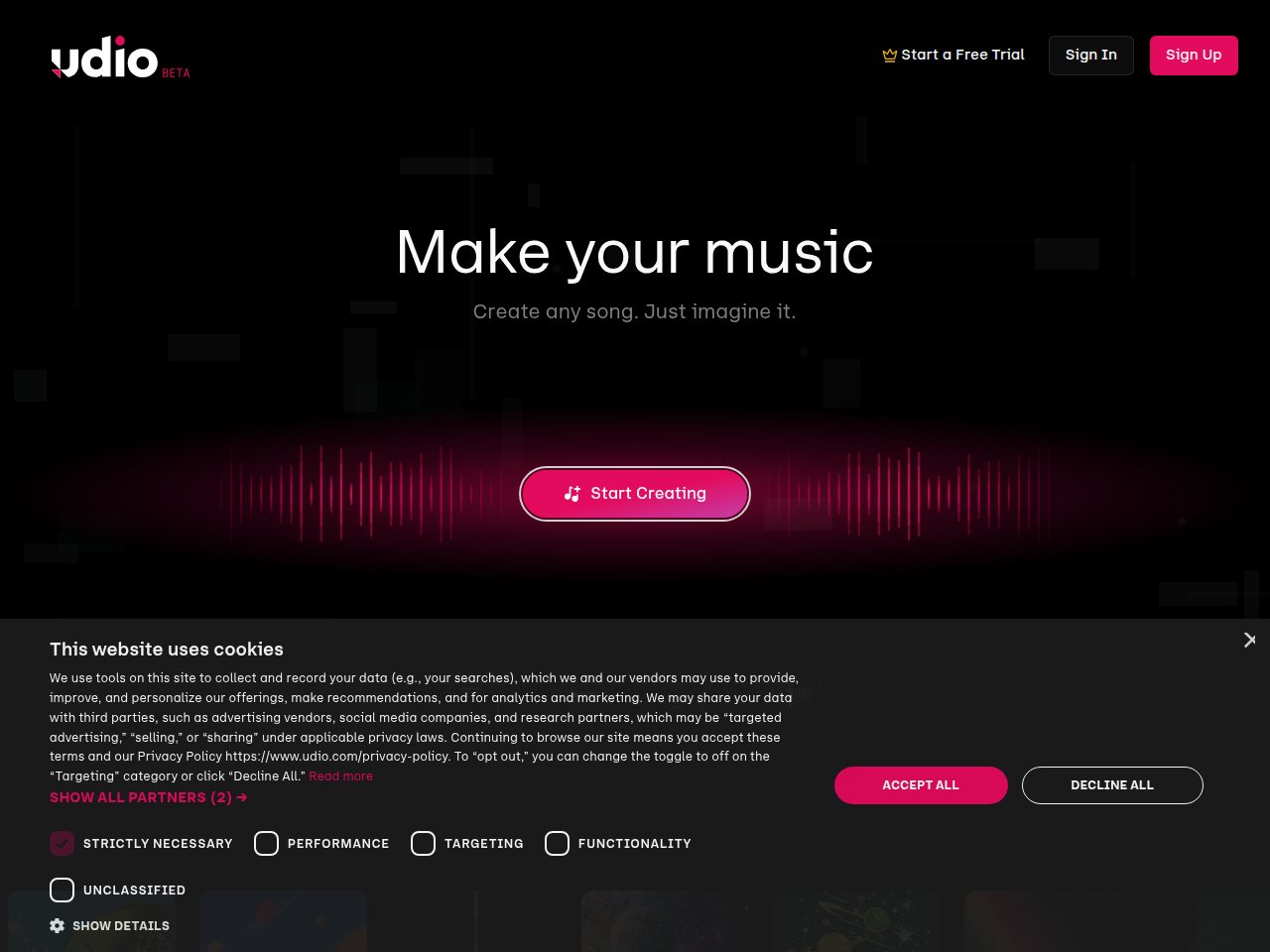 Udio AI music generator - homepage screenshot 2026